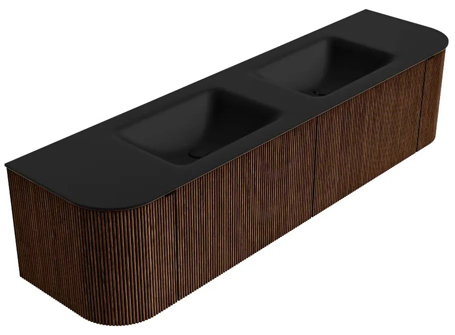 Mondiaz Kurve 180cm badmeubel ronding links/rechts walnut met 2 lades en deuren en wastafel cloud dubbel 2 kraangaten urban