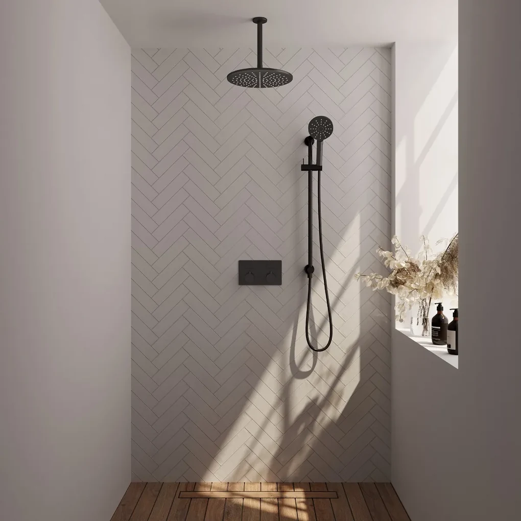 Brauer Black Edition thermostatische inbouw regendouche met 3 standen handdouche, plafondarm, glijstang en hoofddouche 30cm set 72 zwart mat