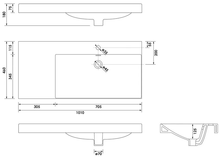 Brauer Aurora wastafel keramiek 100cm rechts met kraangat wit glans