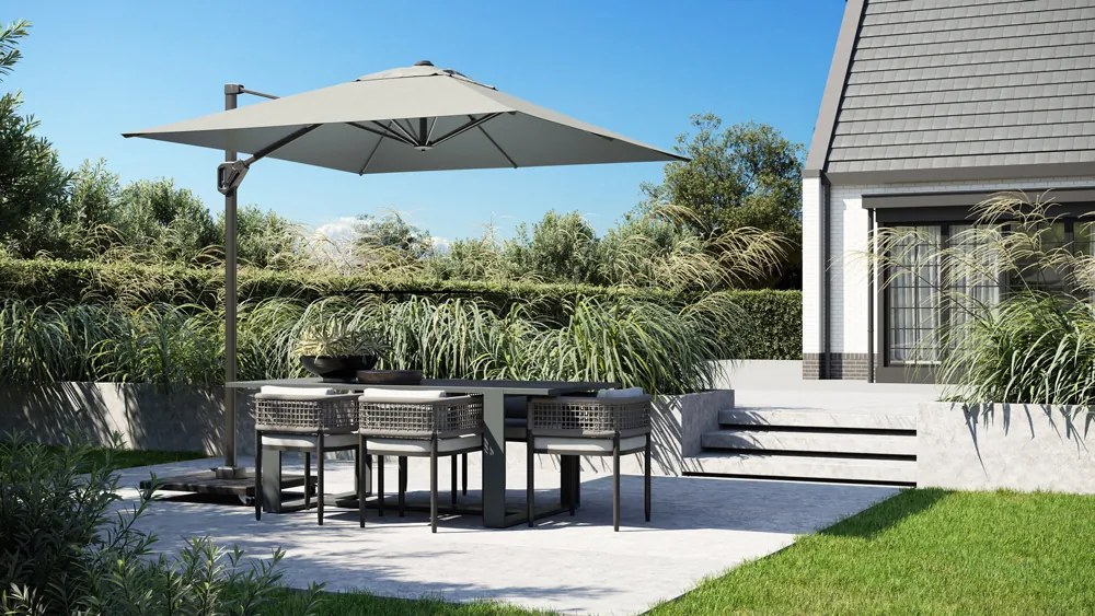 Platinum Voyager zweefparasol T1 2.5x2.5 m. - Taupe met ingraafvoet en hoes