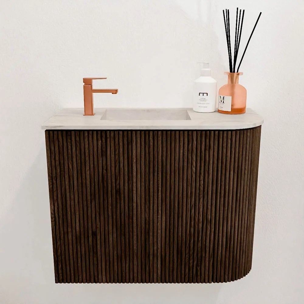 Mondiaz Joya DLux 50cm toiletmeubel ronding rechts walnut met wastafel faye links 1 kraangat ostra