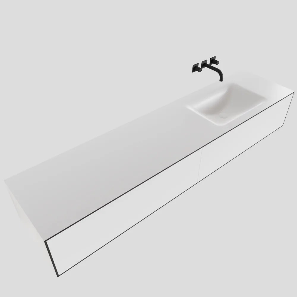 Zaro Lagom volledig naadloos solid surface onderkast 190cm mat zwart met 2 lades Push tot open. Compleet met solid surface wastafel met 0 kraangat(en)