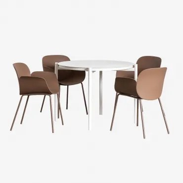 Ronde Aluminium Eettafel Set (ø110 Cm) Elton En 4 Eetkamerstoelen Lynette Bruin – Karamel - Sklum