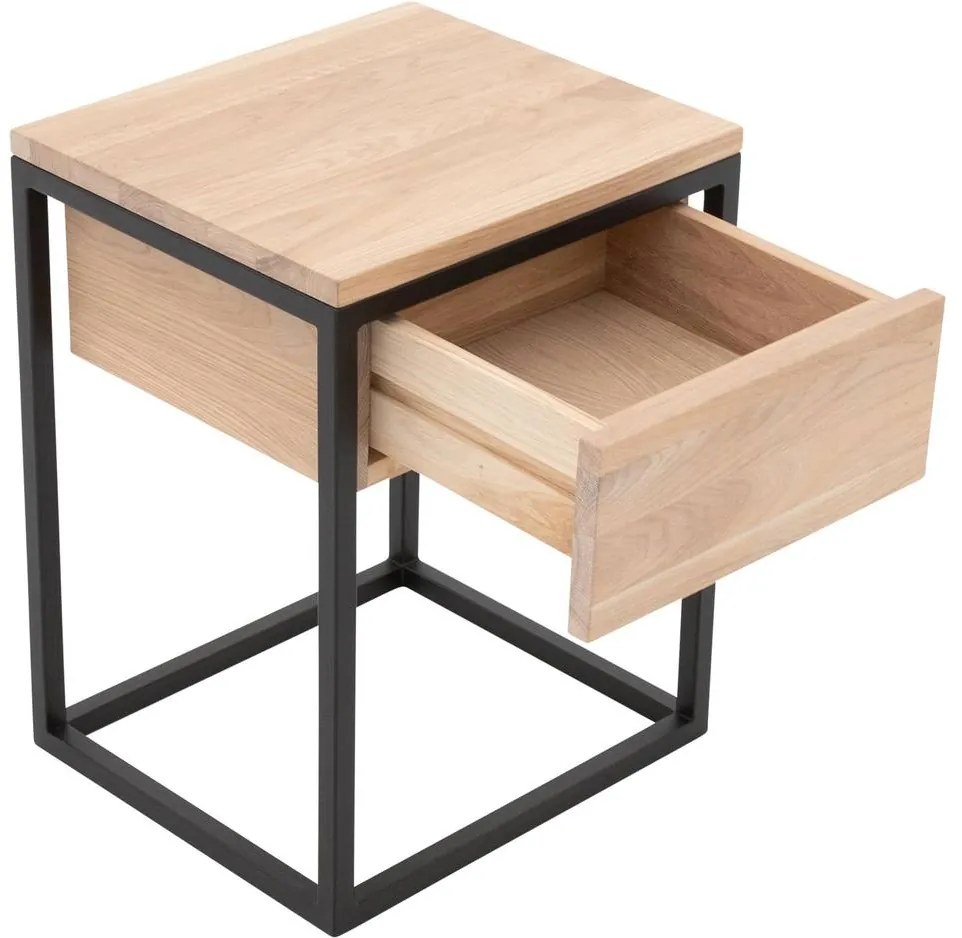 Goossens Nachtkastje Ord, Metaal ral 9005 zwart, met lade en bovenblad massief eik, 40 x 35 x 57 cm hoog