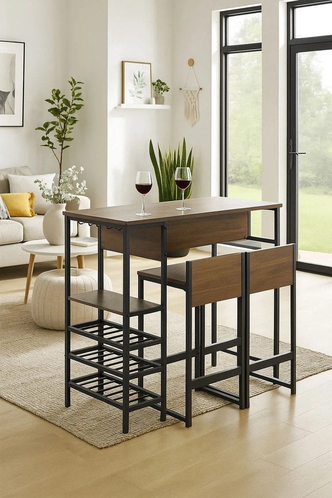 Hoge tafel barset met flessenrek + 2 Carbar krukken