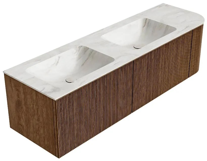 Mondiaz Kurve-dlux 155cm badmeubel ronding rechts walnut met 2 lades en 1 deur en wastafel leaf dubbel/links 2 kraangaten ostra