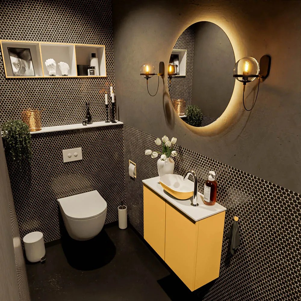 Mondiaz Fowy toiletmeubel 60cm ocher met gele waskom midden en kraangat