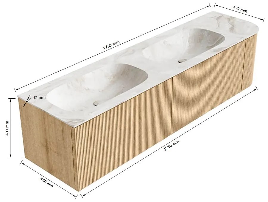 Mondiaz Kurve-dlux 175cm badmeubel ronding rechts walnut met 2 lades en 1 deur en wastafel stor small dubbel/links 2 kraangaten opalo