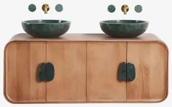 Dubbel Zwevend Badkamermeubelset 130x45 Cm Van Mangohout En Natuurlijke Kivalina-steen Udaipur Groen Marmer - Mangohout & 2 X Onde Groene Marmeren -