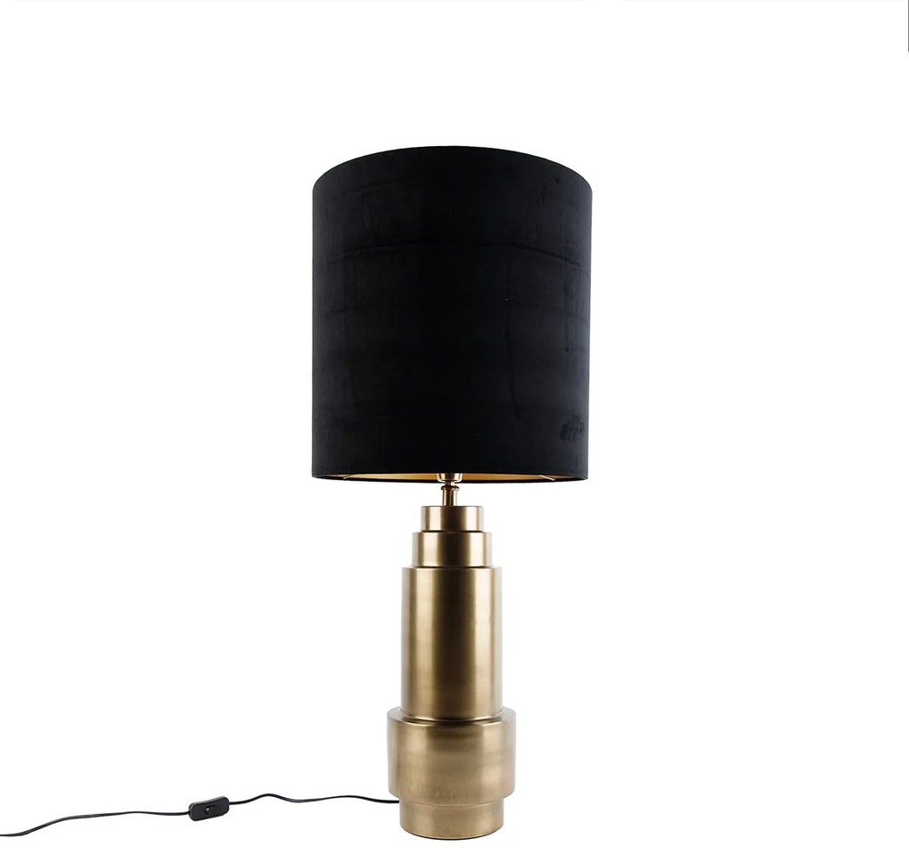 Tafellamp brons velours kap zwart met goud 40 cm - Bruut Art Deco E27 rond Binnenverlichting Lamp