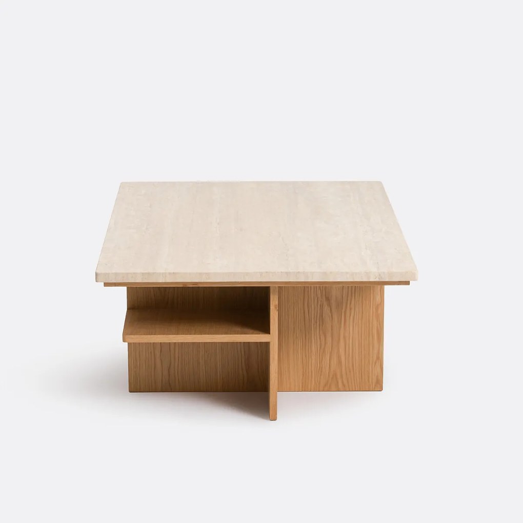Salontafel XL, travertin en eikenfineer, 120 cm breed, CALISTE