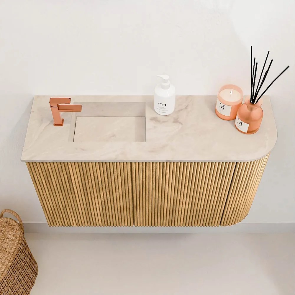 Mondiaz Joya DLux 70cm toiletmeubel ronding rechts oak met wastafel faye links 1 kraangat frappe