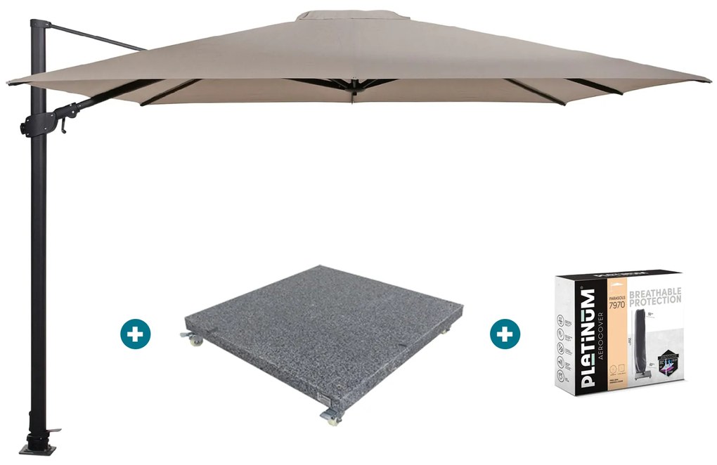 4-Seasons zweefparasol Siesta Premium 300 x 300 - Taupe met voet en hoes