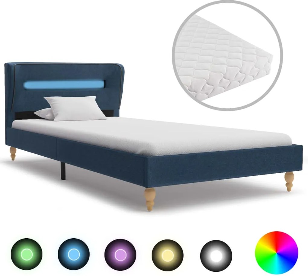 Bed met LED en matras stof blauw 90x200 cm