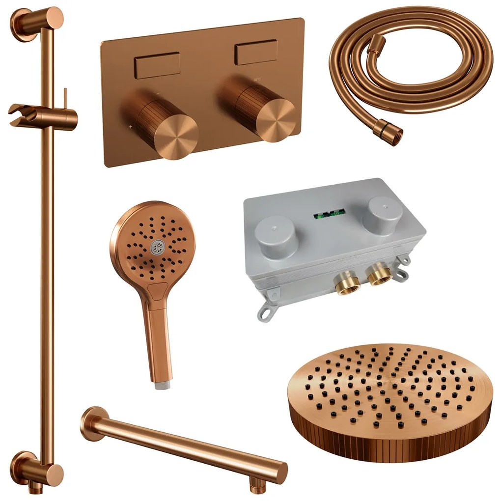 Brauer Stripe inbouw regendouche met 25cm hoofddouche, rechte muurarm, 3 standen handdouche en glijstang set 34 koper geborsteld PVD