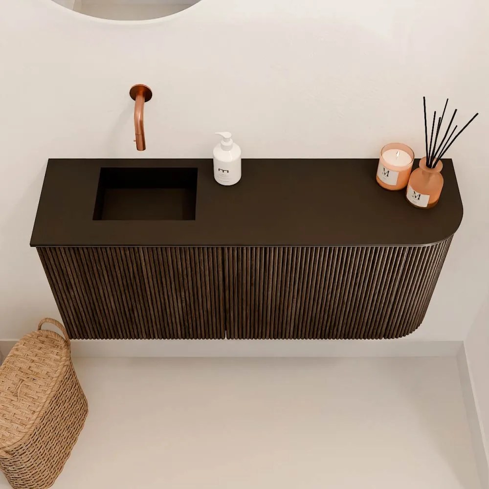Mondiaz Joya 90cm toiletmeubel ronding rechts walnut met wastafel faye links zonder kraangat urban