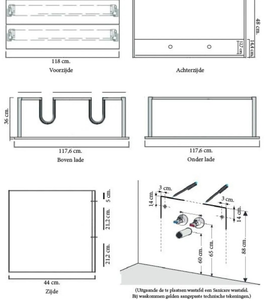 Sanicare Q1 badkamermeubel met 2 laden 120 cm hoogglans wit