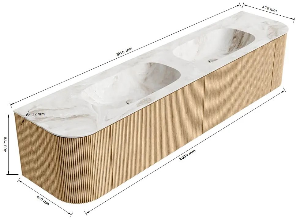 Mondiaz Kurve-dlux 200cm badmeubel ronding links/rechts oak met 2 lades en deuren en wastafel stor small dubbel zonder kraangat glace