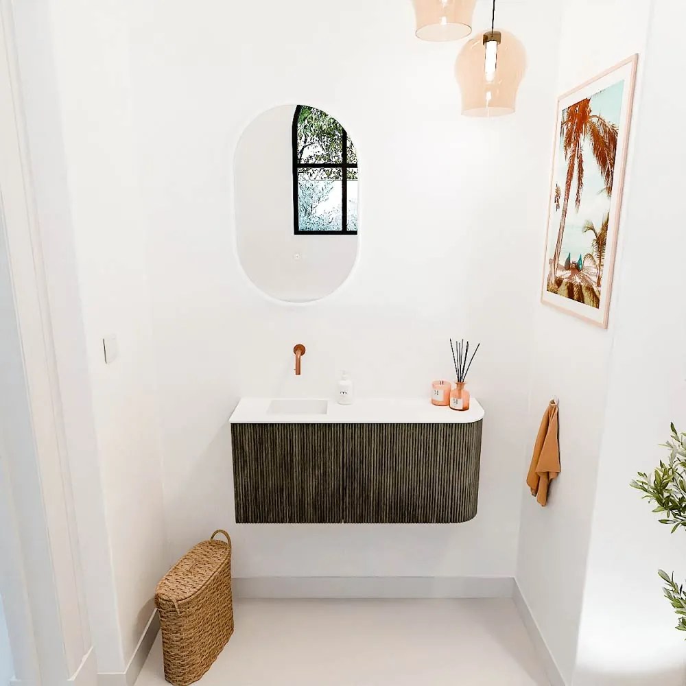 Mondiaz Joya 90cm toiletmeubel ronding rechts shadow met wastafel faye links zonder kraangat talc