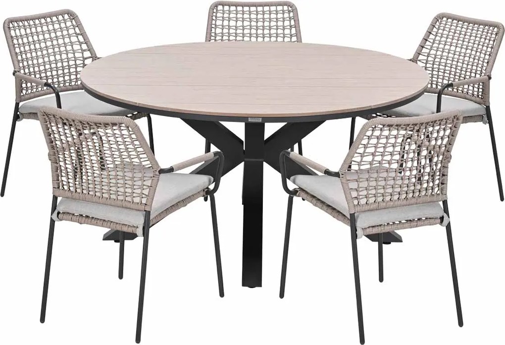 Garden Impressions Natas tuinset sand 6-delig - Tulli tuintafel light teak look Ø148 cm
