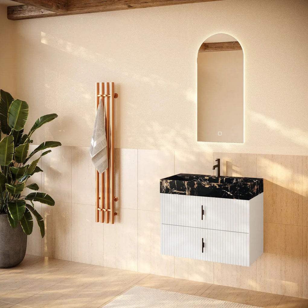Muebles Murcia badmeubel ribbelfront 80cm wit mat met Portoro Gold wastafel met kraangat