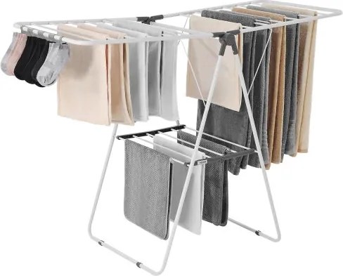 VEVOR Droogrek (2-laags &amp; opvouwbaar) met sokkenklemmen &amp; 21 droogstangen, in hoogte verstelbaar metalen droogrek, vrijstaande &amp; ruimtebesparende kledinghanger voor wasruimtes, balkons