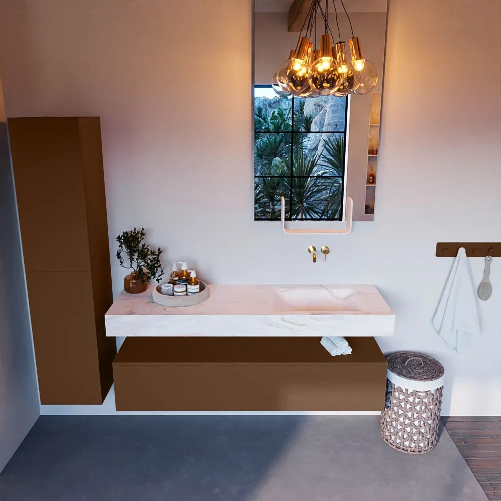 Mondiaz Alan DLux badmeubel 150cm rust 1 lade met wastafel ostra rechts zonder kraangat