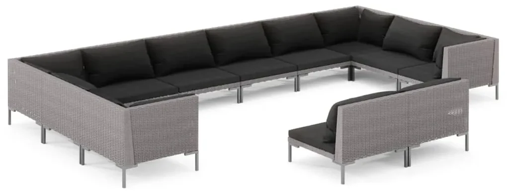vidaXL 12-delige Loungeset met kussens poly rattan donkergrijs