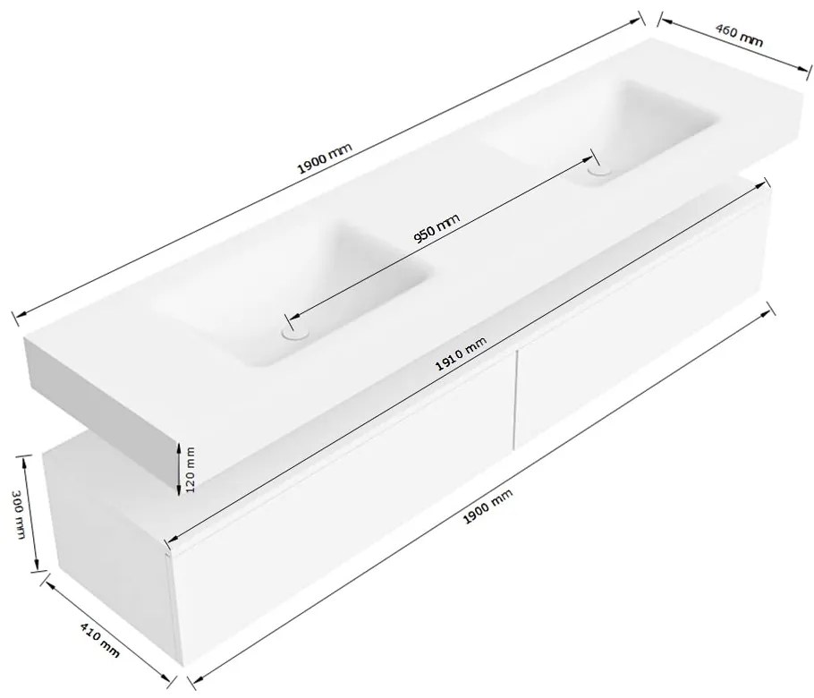 Zaro Alan badmeubel 190cm talc 2 lades met vrijhangende wastafel cloud dubbel 2 kraangaten urban
