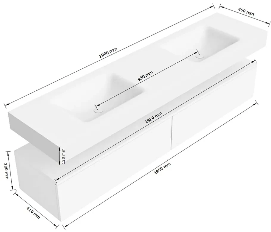 Zaro Alan badmeubel 190cm urban 2 lades met vrijhangende wastafel cloud dubbel 2 kraangaten urban