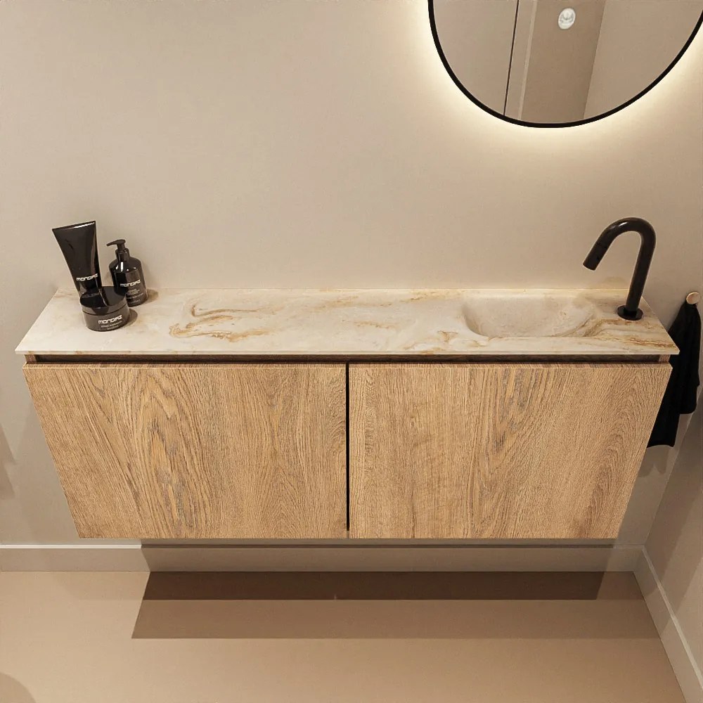 Mondiaz Ture DLux toiletmeubel 120cm washed oak met wastafel frappe rechts met kraangat