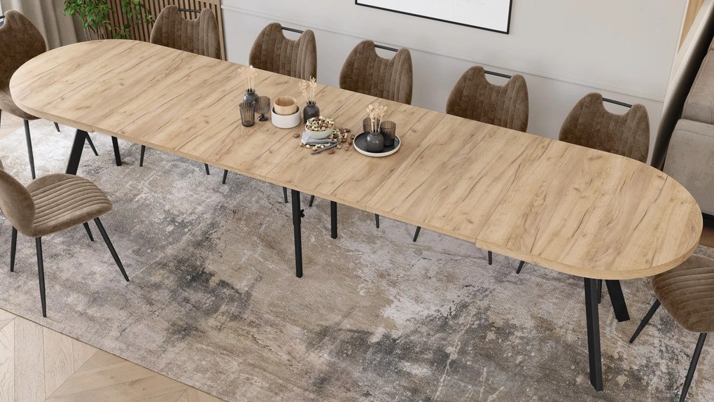 Mazzoni EXPANSO Artisan Eiken / zwarte poten - OVALE UITSCHUIFTAFEL 160-360 cm VOOR 16-18 PERSONEN