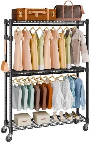 VEVOR 3-laags rolbaar kledingrek, garderobekaststandaard, kledingrails, 204 cm hoog, stalen kledingrek, draagvermogen 182 kg, robuuste standaard voor slaapkamer, wasruimte, kleedkamer etc.