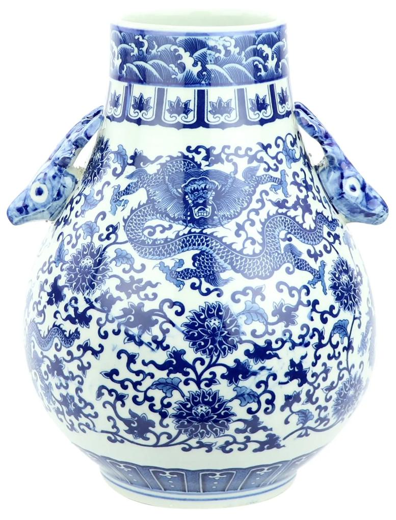 Fine Asianliving Chinese Vaas Porselein Draak Handgeschilderd Blauw-Wit D24xH29cm