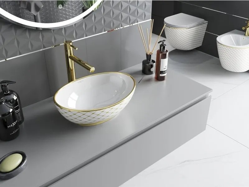 Mexen Elza opzetwastafel 40 x 33 cm, wit/goud ruitpatroon - 21014009