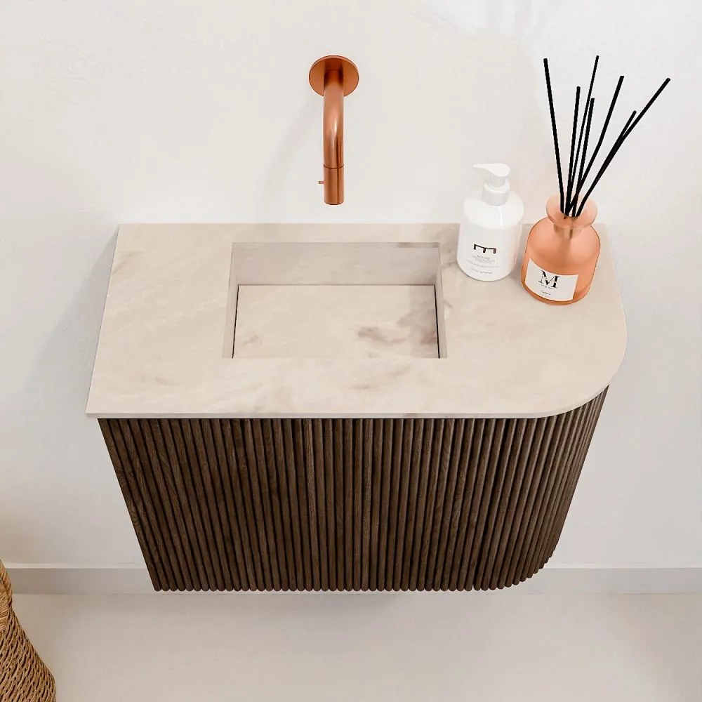Mondiaz Joya DLux 50cm toiletmeubel ronding rechts walnut met wastafel faye links zonder kraangat frappe