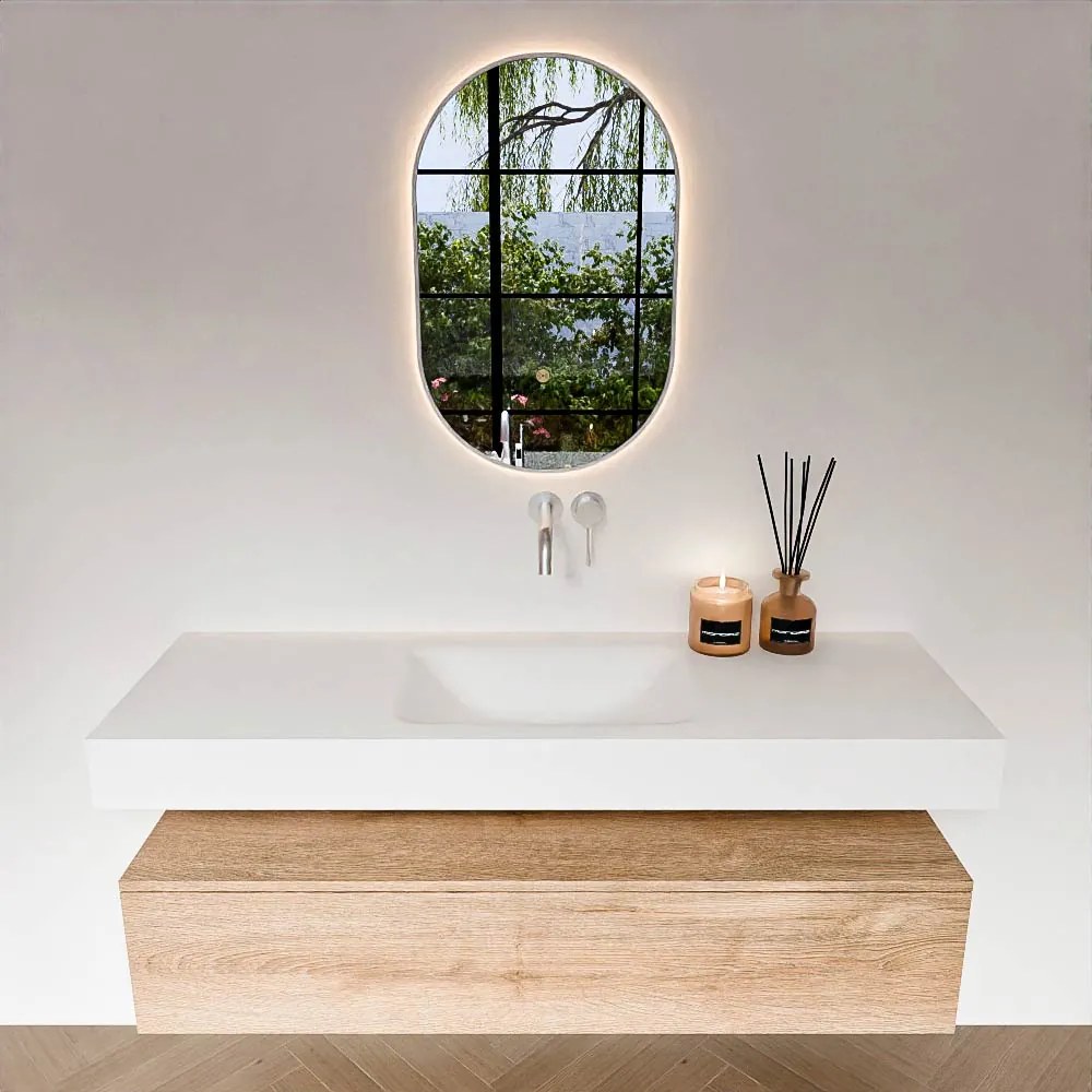 Zaro Alan badmeubel 140cm washed oak 1 lade met vrijhangende wastafel cloud midden zonder kraangat talc