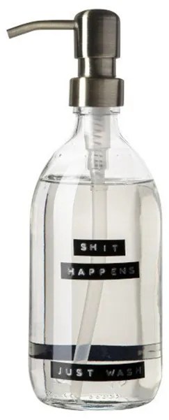 Wellmark Handzeep helder glas messing pomp 500ml tekst SHIT HAPPENS..JUST WASH Zwart label 8719325913088