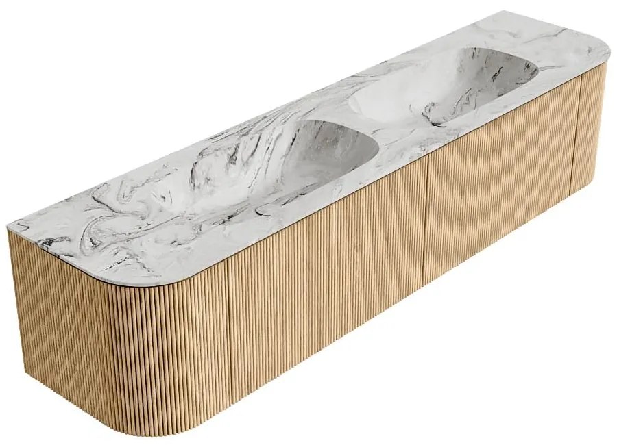 Mondiaz Kurve-dlux 190cm badmeubel ronding links/rechts oak met 2 lades en deuren en wastafel stor small dubbel zonder kraangat glace
