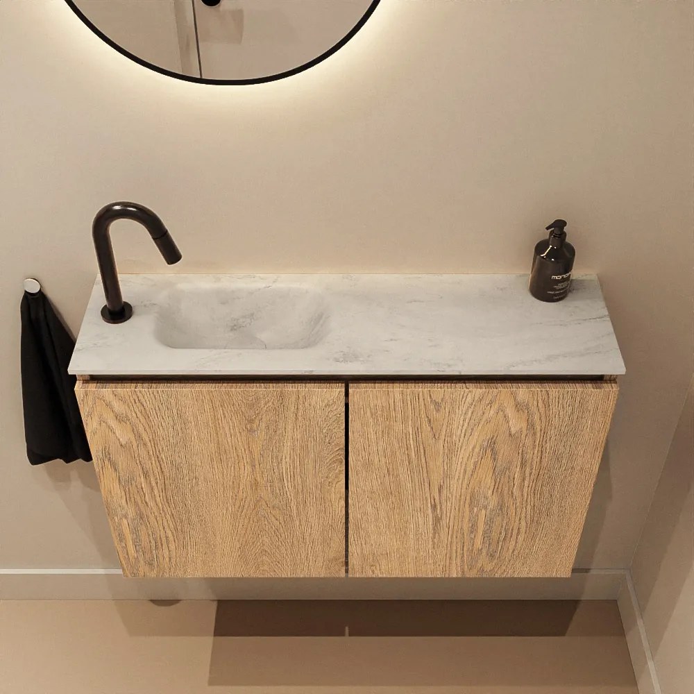 Mondiaz Ture DLux toiletmeubel 80cm washed oak met wastafel opalo links met kraangat