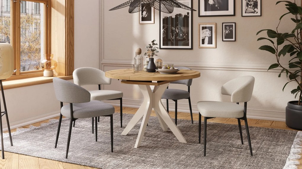 RENZO Artisan Eiken/beige poot (Champagne) - RONDE TAFEL Ø110 UITKLAPBAAR TOT 180 cm |VOOR DE KEUKEN EETKAMER WOONKAMER RETRO