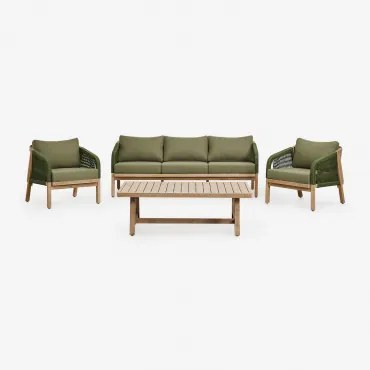 Tuinset Met 3-zitsbank, 2 Fauteuils En Salontafel Van Acaciahout Dubai Rustiek Acaciabruin & Stof Leger Groen - Sklum
