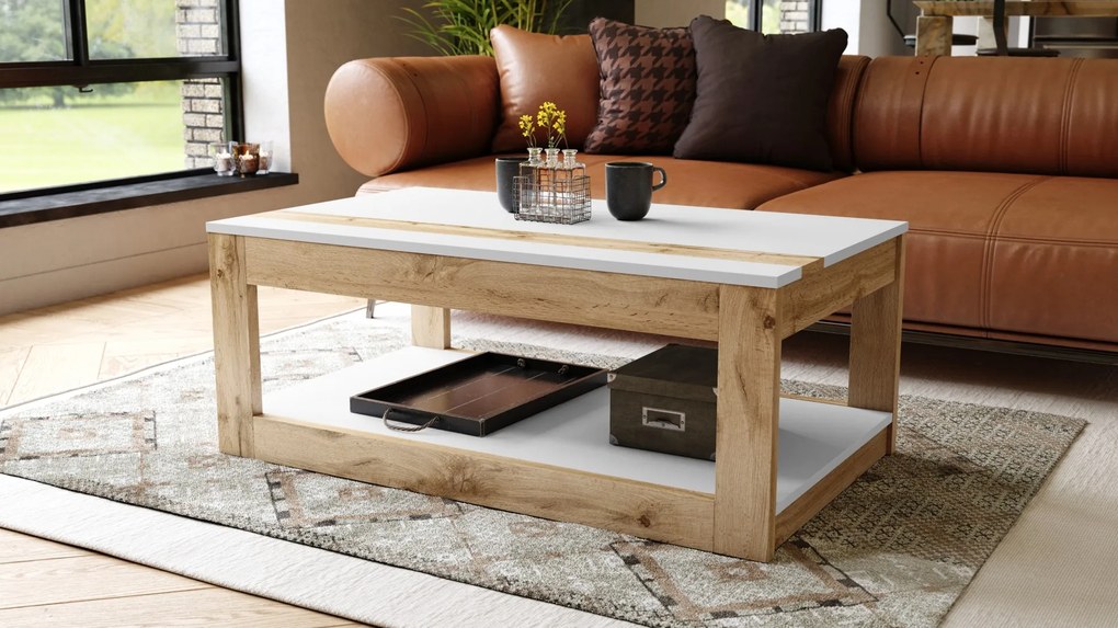 LUSSO Wit Mat/Wotan Eik - MODERNE SALONTAFEL MET VERHOOGD BLAD + OPBERGRUIMTE + SCHAP (OP WIELEN!)