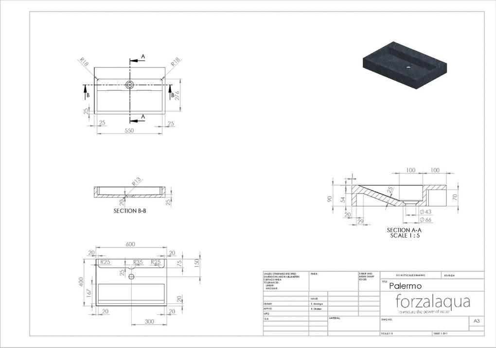 Forzalaqua Palermo wastafel 60x40cm zonder kraangat graniet gepolijst