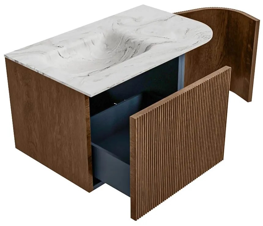 Mondiaz Kurve-dlux 75cm badmeubel ronding rechts walnut met 1 lade en deur en wastafel grunne links zonder kraangat glace
