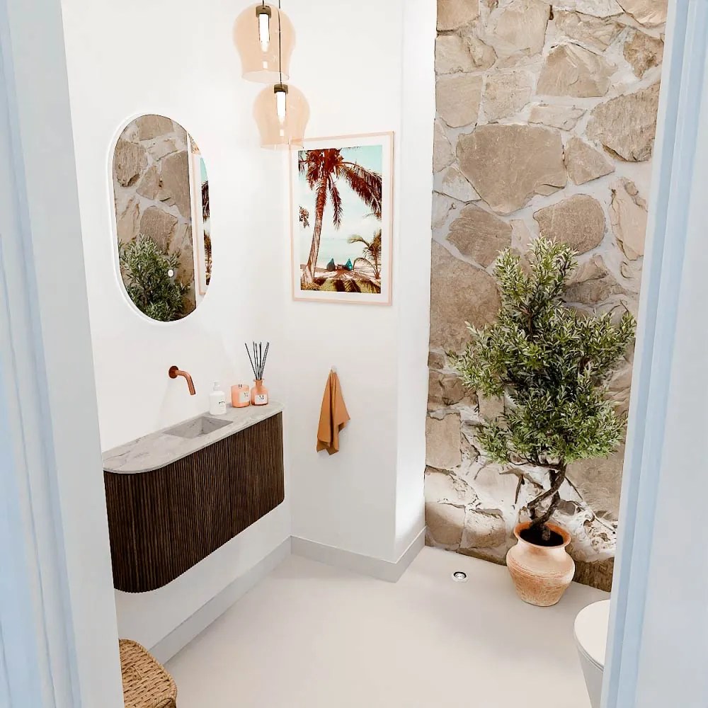 Mondiaz Joya DLux 85cm toiletmeubel ronding links/rechts walnut met wastafel faye midden zonder kraangat glace