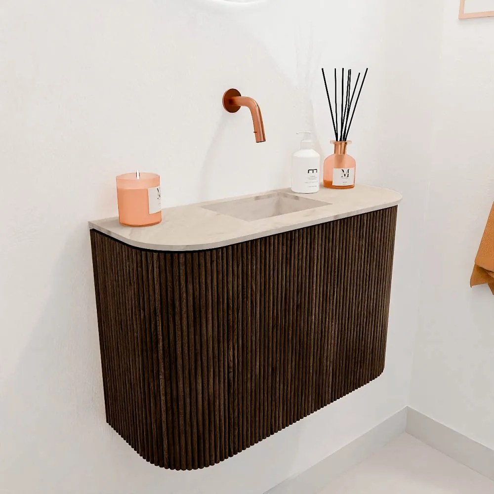 Mondiaz Joya DLux 65cm toiletmeubel ronding links/rechts walnut met wastafel faye midden zonder kraangat frappe