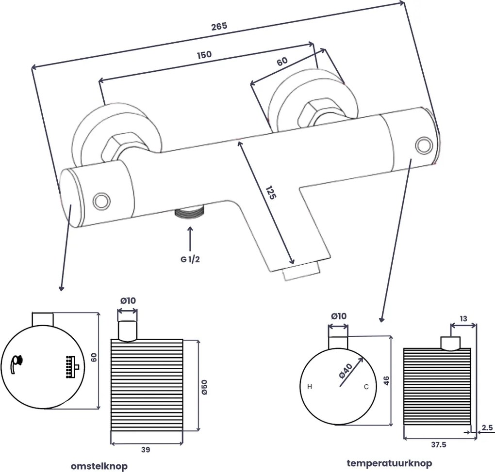 Saniclear Talpa Stripes thermostatische opbouw badkraan chroom
