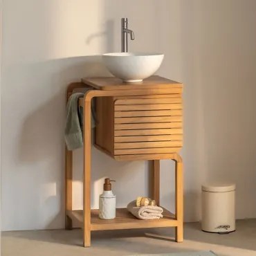 Bradley Teakhouten Badkamermeubelset Rond Wit Keramiek Ø30 Cm Calgari & Spiegelloze & Geborsteld Grijs ↑30 Cm Met Aftapkraan Zonder - Sklum