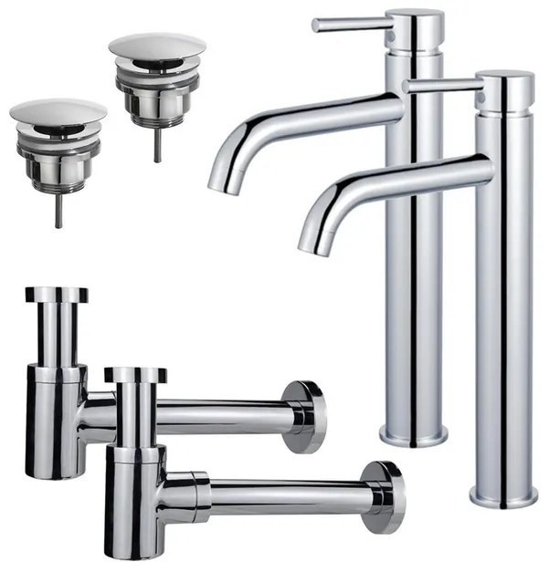 Fortifura Calvi Wastafelkraanset - voor dubbele wastafel - verhoogde wastafelkraan - always open plug - verlaagde design sifon - Chroom 2x SW377811/2x SW696209/2x SW696219
